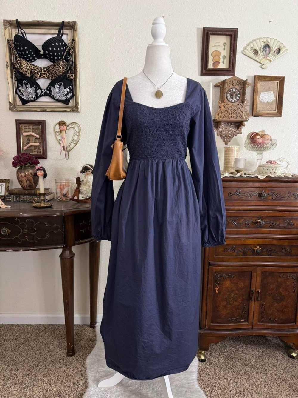 Dark blue whimsical prairie peasant style midi dress
